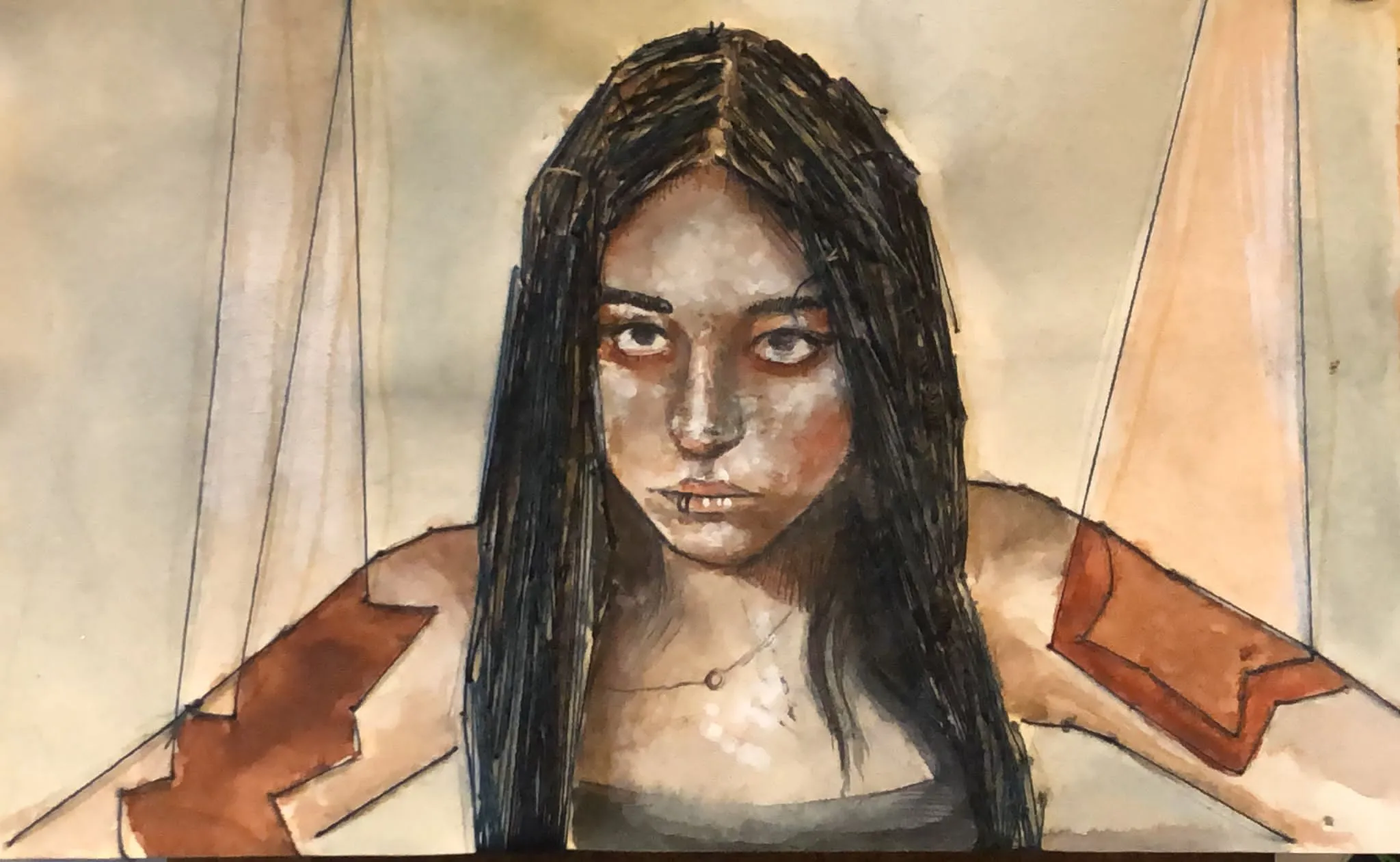 disegno di una ragazza a colori con tecnica mista con cucito